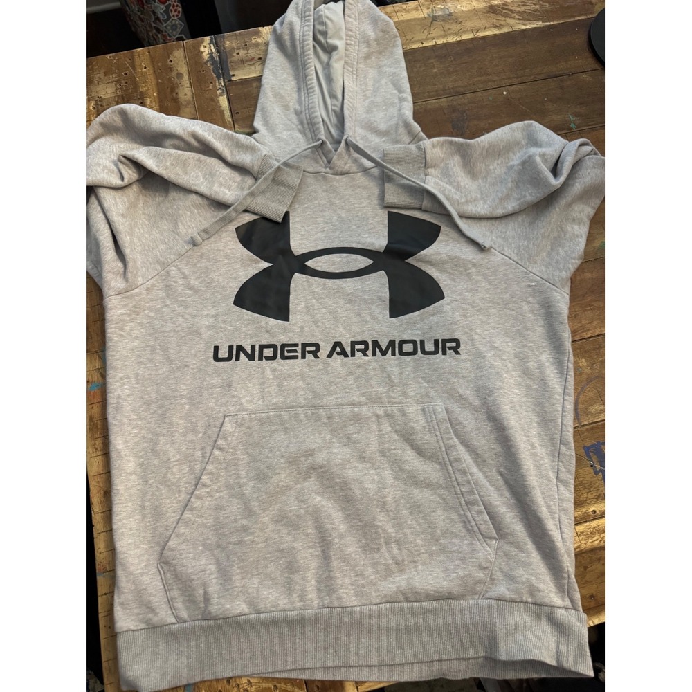 Under Armour Mens Rival Fleece Logo Hoodie Gray Black Medium Loose Fit Pullover
